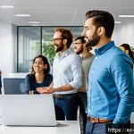 혁신경영 컨설팅에서 팀 성과 향상 팁 - A diverse agile team engaged in a daily stand-up meeting in a modern, bright office space with glass...