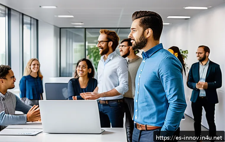혁신경영 컨설팅에서 팀 성과 향상 팁 - A diverse agile team engaged in a daily stand-up meeting in a modern, bright office space with glass...